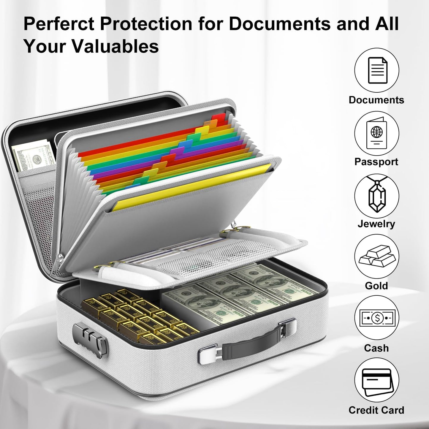 Fireproof Document Box, Hard Case Fireproof File Organizer with Lock Hard-Shell Design Fireproof Water Resistant Safe Box for Important Documents Certificates Laptop Passports Gray