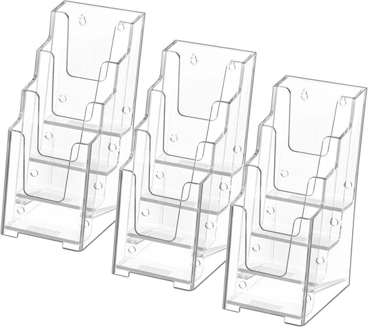 MaxGear Acrylic Brochure Holder, 4 Inch Wide 4 Tier Clear Literature Display Stand Premium Plastic Pamphlet Holder, Multi Pocket Wall Mount or Countertop Organizer for Office or Home, 3 Pack