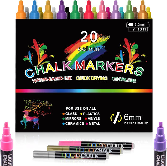 Liquid Chalkboard Chalk Marker 6mm 20/pack, Non-Toxic Safe & Easy to Use, Neon Bright Vibrant Colors, Wet Wipe Washable Paint for Chalkboard Sign, Car Window, Glass, Bistro, Mirror