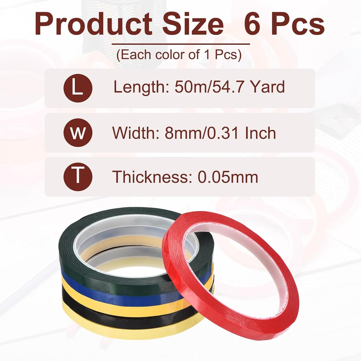 MECCANIXITY 6 Rolls Whiteboard Tape Graphic Chart Tape 8mm 54.7 Yard Art Tape Thin Pinstripe Tape Masking Tape for Gift Wrapping Craft Supplies, Red, Green, Blue, Yellow, Black, Light Yellow