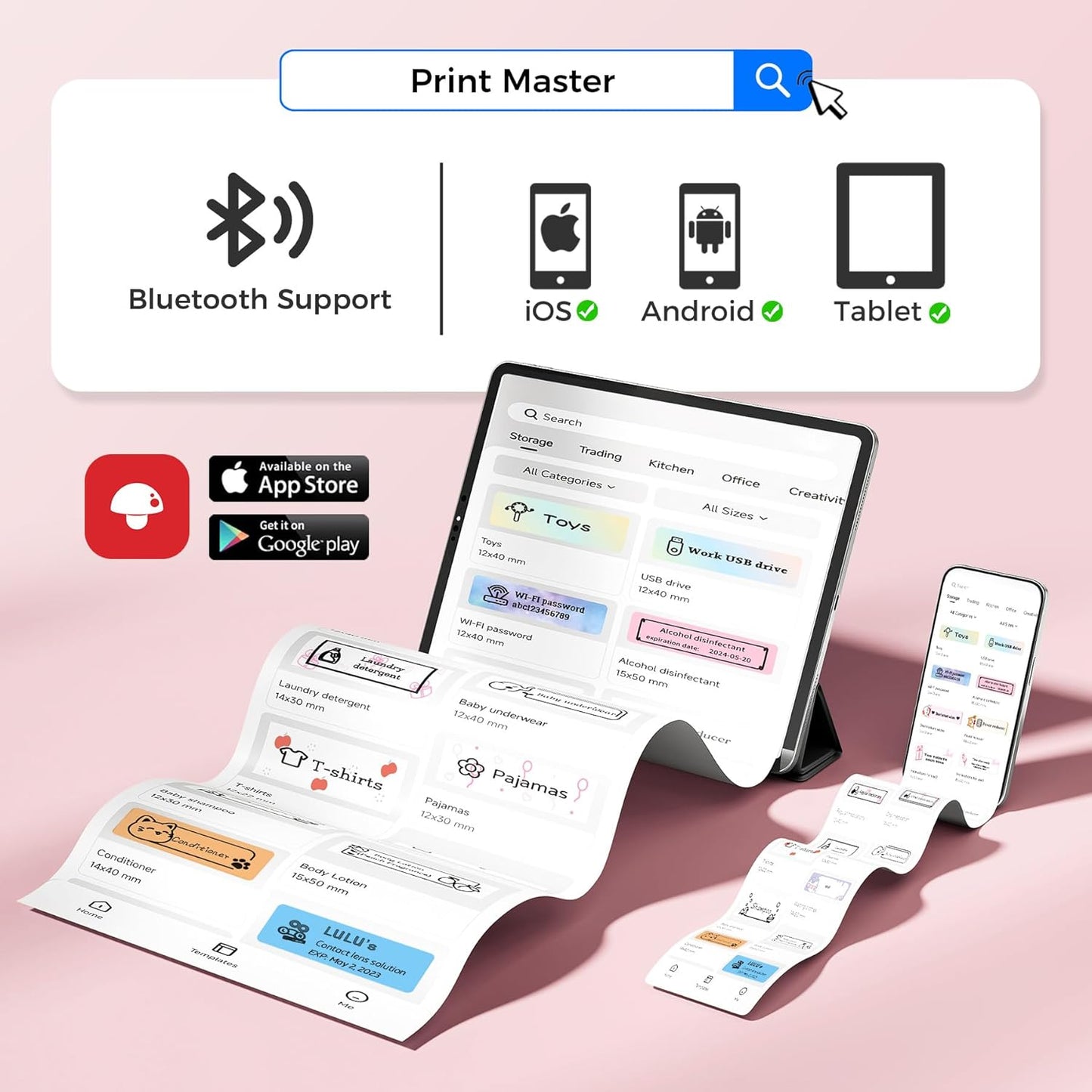Label Maker Machine with Tape, Label Makers with Multiple Templates, Mini Label Maker Widely Used in Home Office School Organization, Bluetooth Label Printer Easy to Use for Small Labels, Pink