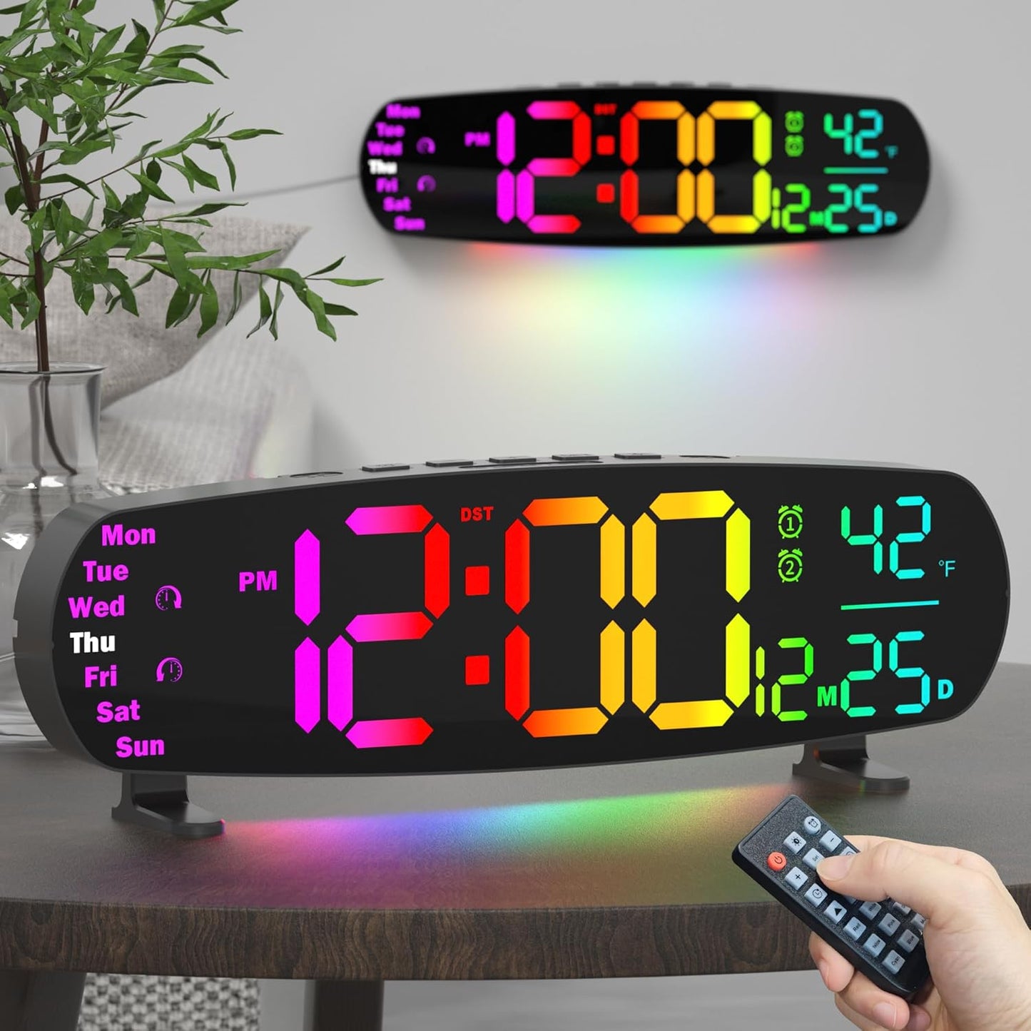 Large Digital Wall Clock, Desk Clock with Date Temperature, 11 RGB Colors, 10 Night Lights, Dual Alarm, Auto Dimming, Timer, 13.7" Digital Clock for Classroom, Bedroom, Living Room