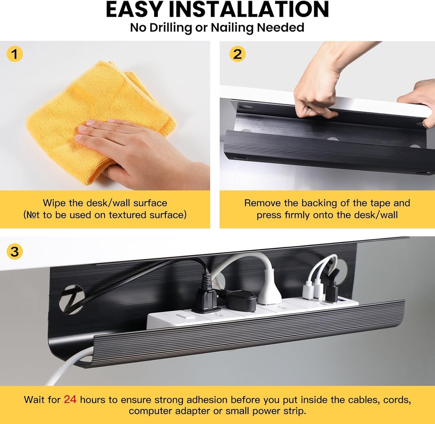 Yecaye 2 Pack Cable Management Under Desk, 31.5 in Under Desk Cable Management Tray,Cord Hider,Cord Organizer, No Screw Wire Management for Office and Home, Black