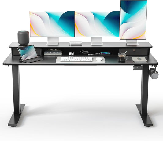 FEZIBO 60 x 24 Inch Height Adjustable Electric Standing Desk with Double Drawer, Computer Desk, Home Office Stand Up Table with 4 Height-Adjustable Feets & 2 Hooks, Black