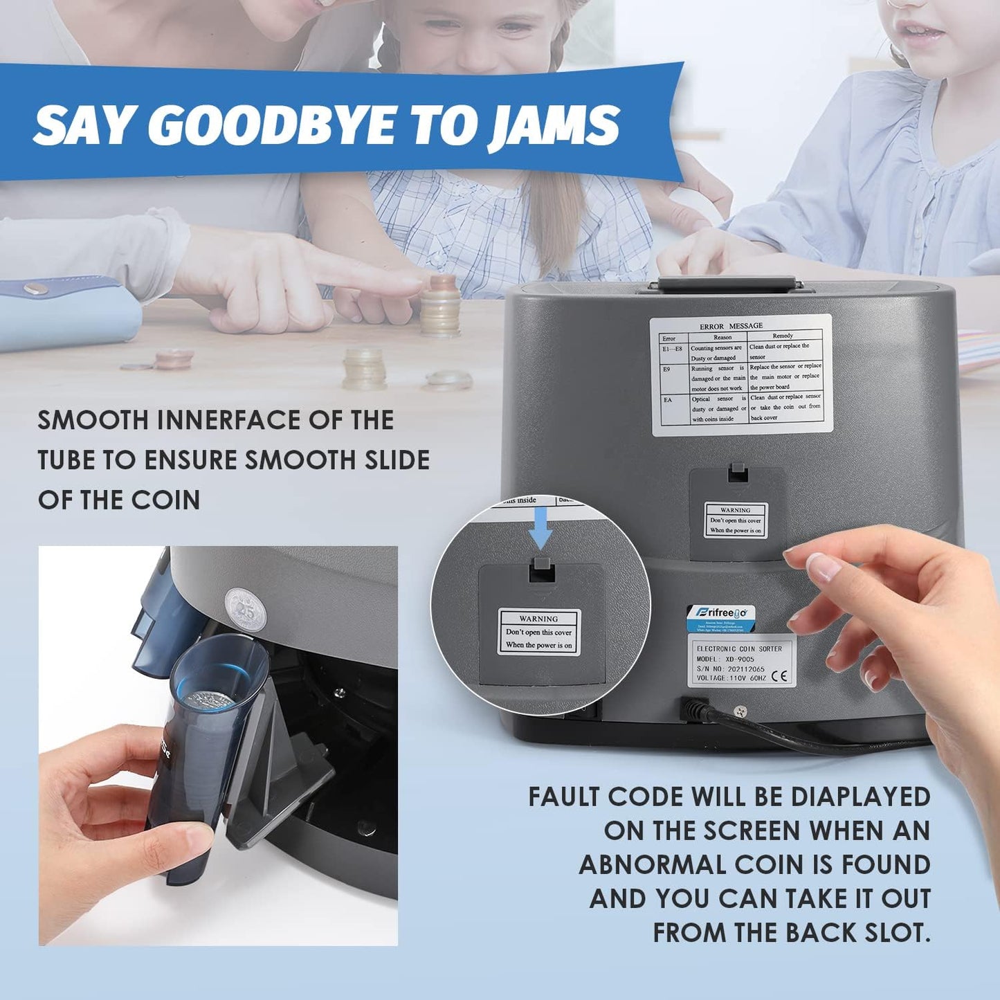 US Coin Counter Machine, Auto Coin Sorter/Wrapper/Roller Machine for Coins 1¢, 5¢, 10¢, 25¢, 1 Dollar, Max. Counting Speed 250 Coins/min, with Coin Bins&Tubes and Coin Roll Wrappers