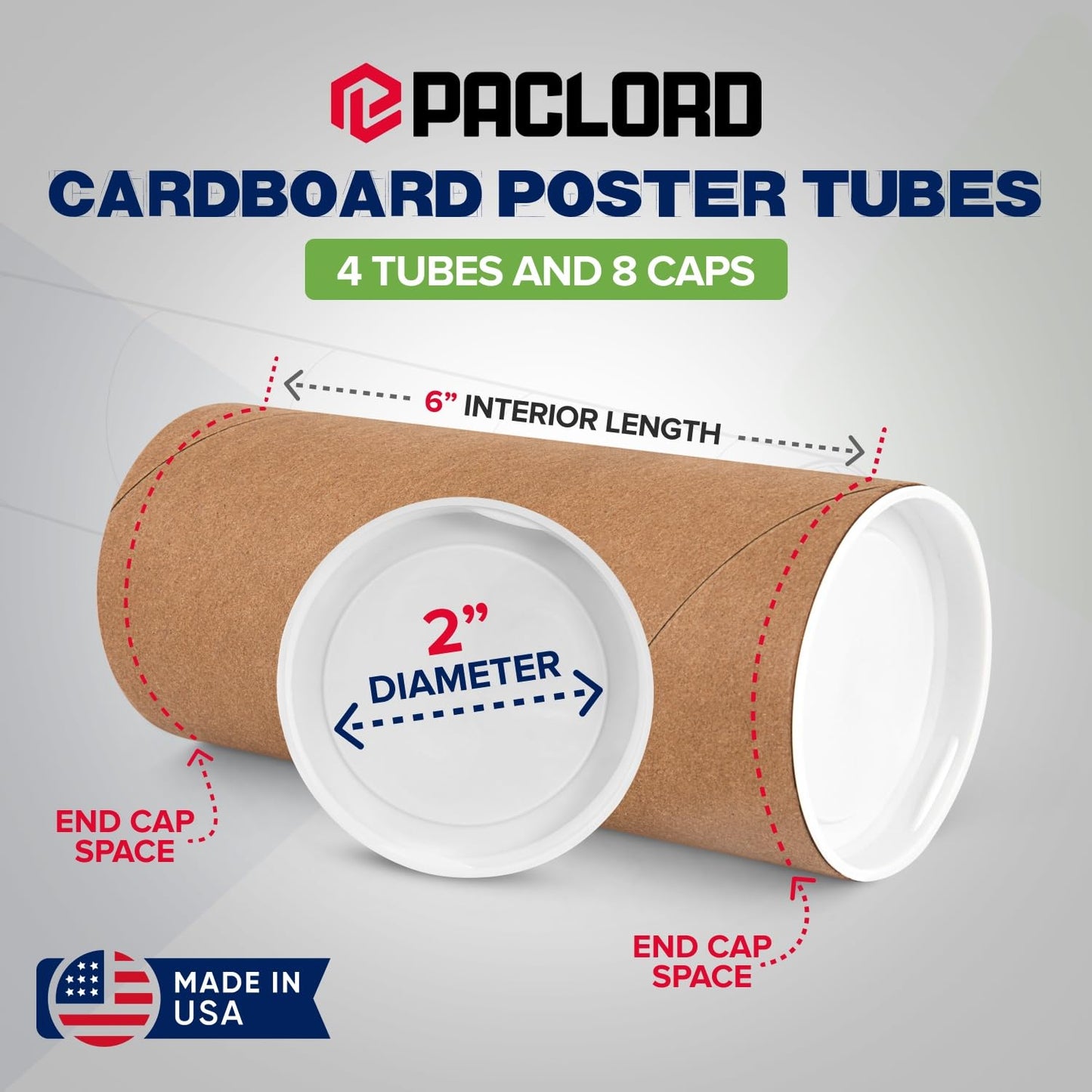2" x 6" Reinforced Kraft Paper Mailing Tubes, Pack of 4 Tubes with 2 Caps Each – USPS Approved Poster Tube – Made in USA Cardboard Tube for Shipping and Storing Posters, Prints, Artwork, or Documents