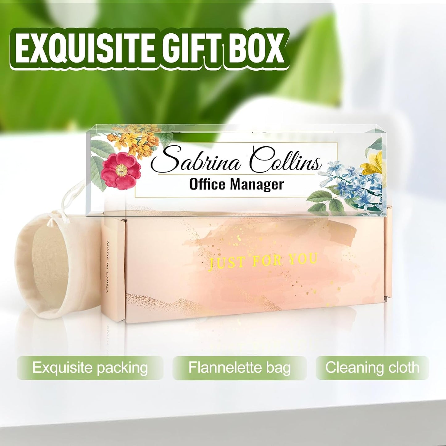 Name Plate for Desk, Desk Name Plate Personalized, Blue Office Decor for Women Men, Acrylic Desktop Accessories, Office Gifts for Boss Nurse Teacher Coworker, Employee Appreciation Gift (Flowers B)