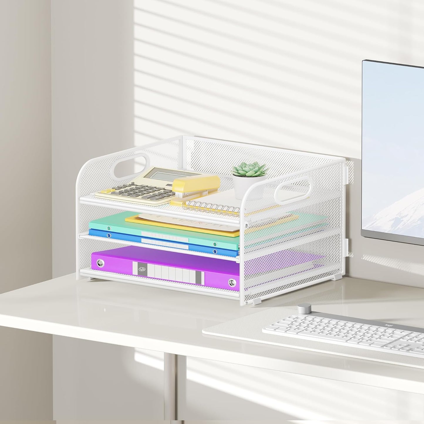 3 Tier Paper Organizer with Handle, Metal Desk Organizer Mesh Paper Letter Tray Desktop File Folder Document Sorter for Classroom, School, Office Accessories Organization and Storage - White