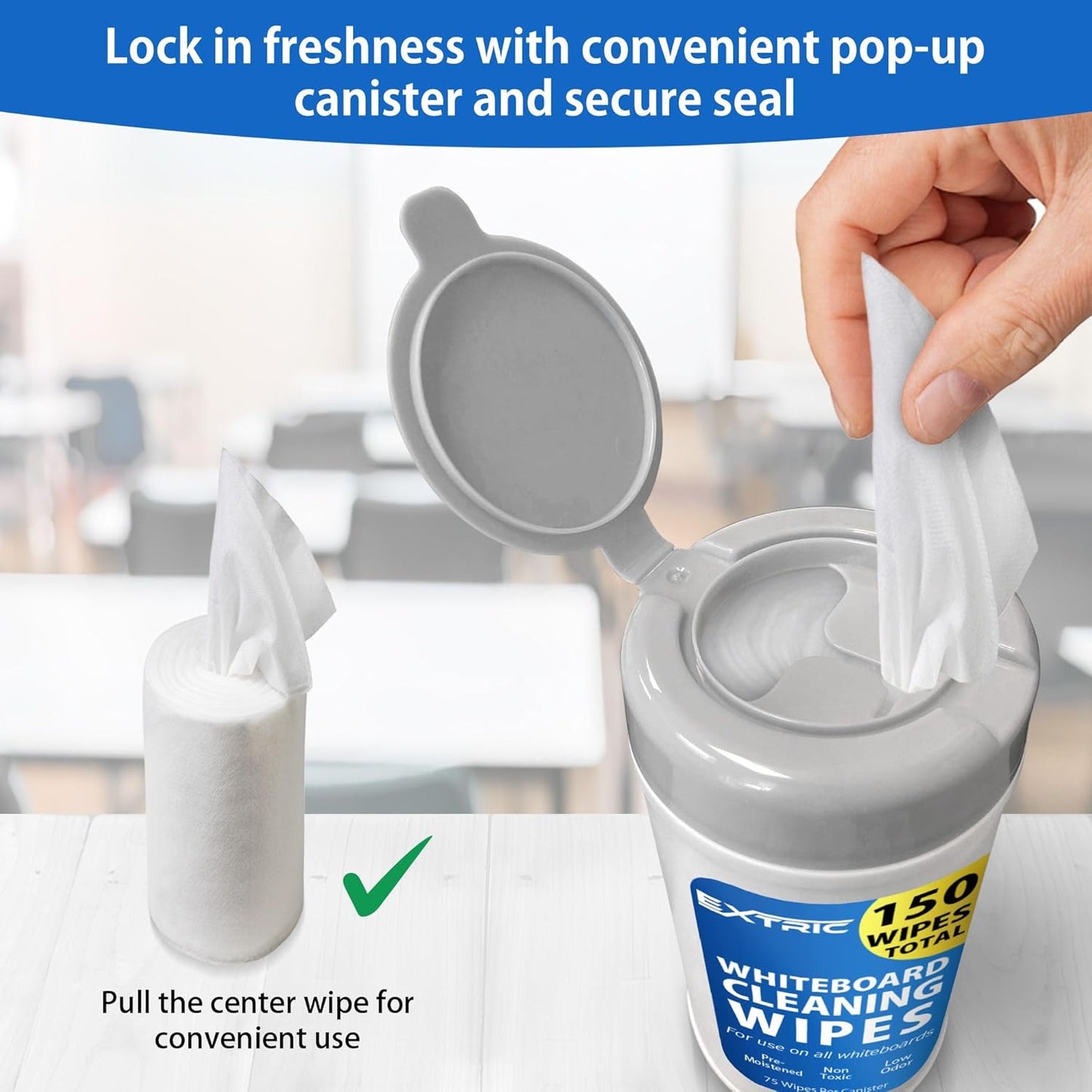 EXTRIC Whiteboard Cleaning Wipes, 150 Count Dry Erase Wipes Pre-Moistened, Non-Toxic, Low Odor White Board Cleaner 75 Per Canister + 75 Refill Pack Ideal for Classroom, School, Office