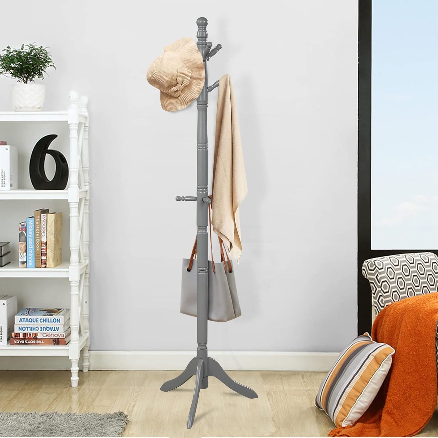 Tangkula Wood Coat Rack Freestanding, Entryway Height Adjustable Coat Stand with 9 Hooks & Stable Tri-Legged Base, Rubber Wood Coat Tree Hall Tree Coat Hanger for Home Office Hall Entryway (Grey)