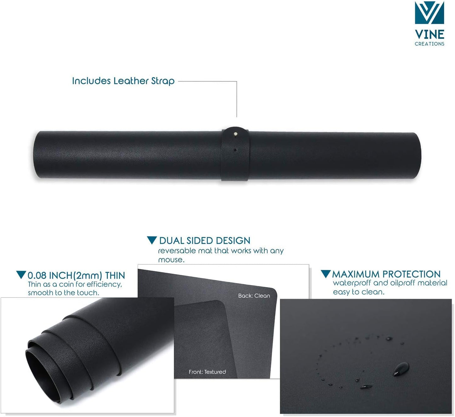 Vine Creations Leather Desk Mat 32" x 17", Desk Protector Mat, PU Leather Desk Pad, Large Mouse Pad, Desk Blotter, Desk Pads on Top of Desks, Desk Matt for Desktop, Home Office Desk Mat (Black)