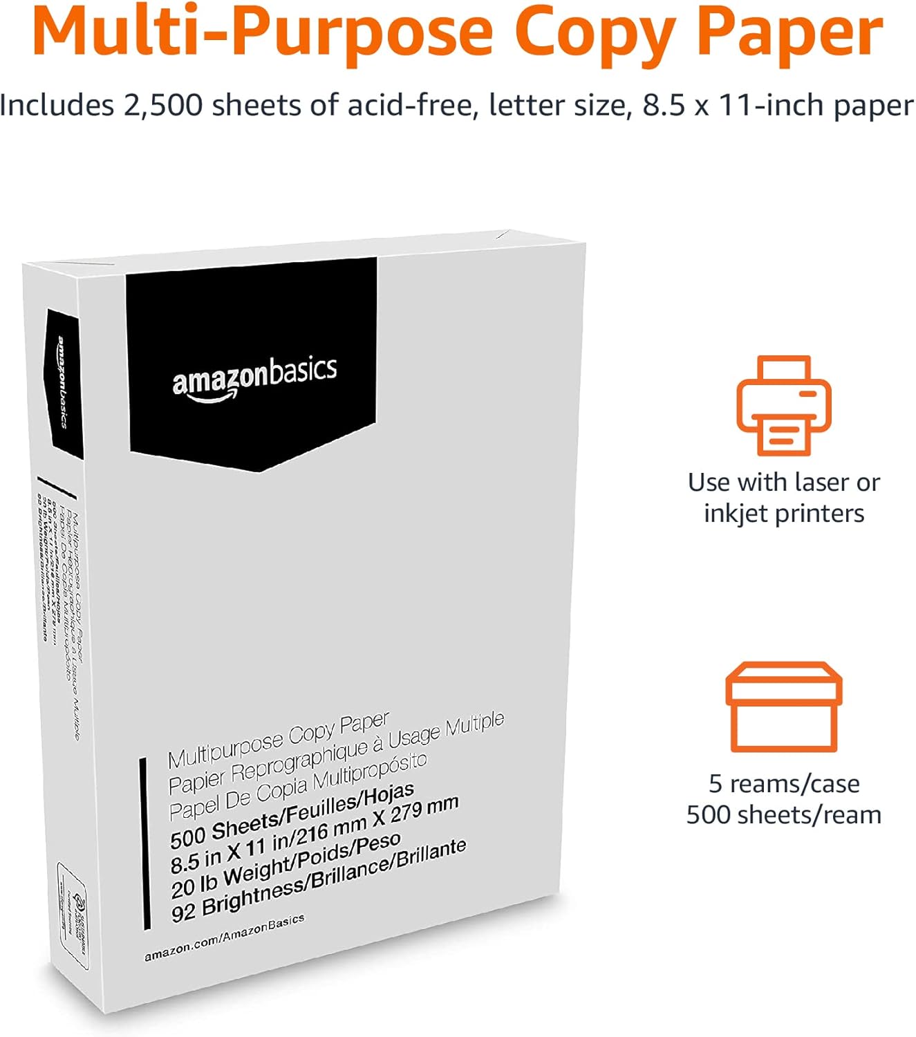 Amazon Basics Multipurpose Copy Printer Paper, 20 lb, 8.5 x 11 Inches, 5 Reams (2,500 Sheets), 92 Bright, White