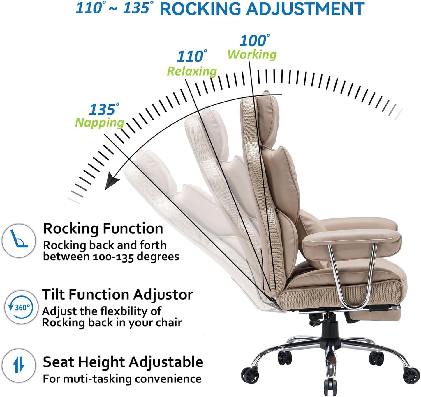Efomao Big and Tall Office Chair 400lbs – PU Leather Executive Office Chair with Lumbar Support & Leg Rest, Heavy-Duty Computer Chair for Home Office, Dark Beige