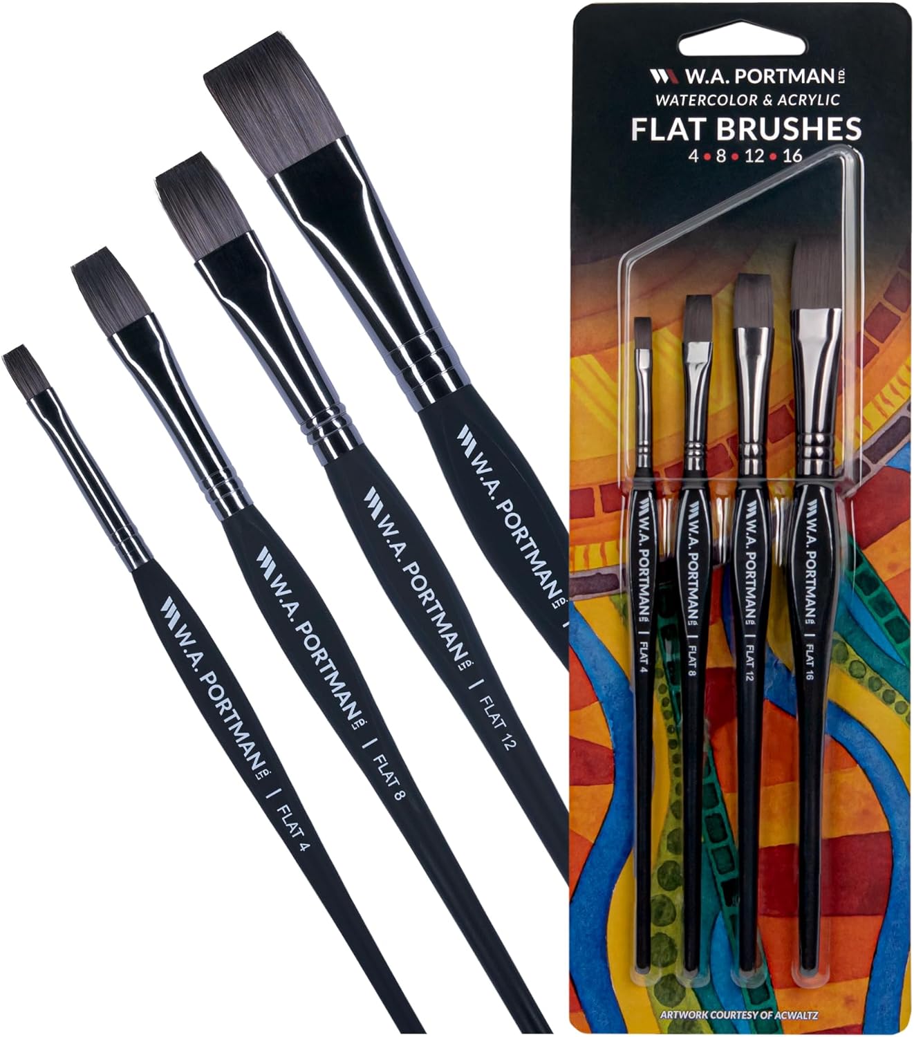 WA Portman Flat Paint Brushes 4pc Set - 100% Vegan, Cruelty-Free Artist Paint Brushes for Acrylic Painting and Watercolor Painting - Professional Art Brush Set with Triangular Comfort Grip