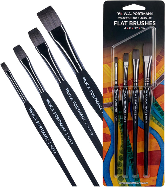 WA Portman Flat Paint Brushes 4pc Set - 100% Vegan, Cruelty-Free Artist Paint Brushes for Acrylic Painting and Watercolor Painting - Professional Art Brush Set with Triangular Comfort Grip