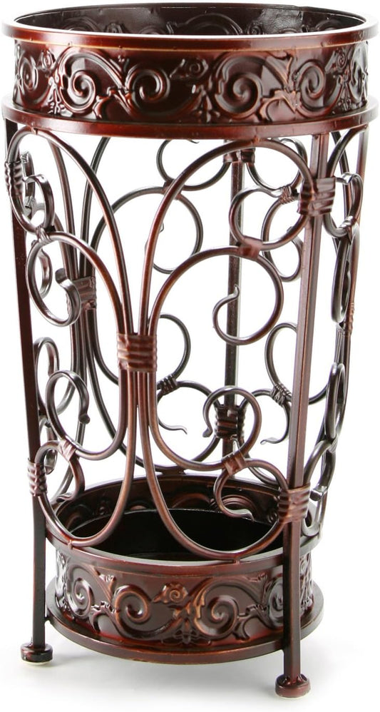 Super Quality Umbrella Stand, Umbrella Holder, Antique Look Metal, Entry Hallway Décor, Round Style, w/Removable Drip Tray. (Red-Brown)