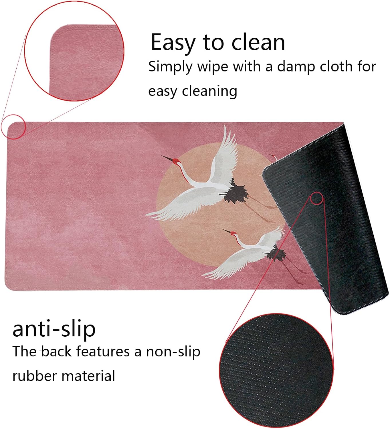 Retro Chinese Style Mouse Pad,Vintage Japanese Style Desk Pad,XL Large China Red Crowned Crane Laptop Desk Mat,Girly Pink Gaming Computer Pads,Girly Desk Mat For Home Office Dorm,31.5x11.8Inch