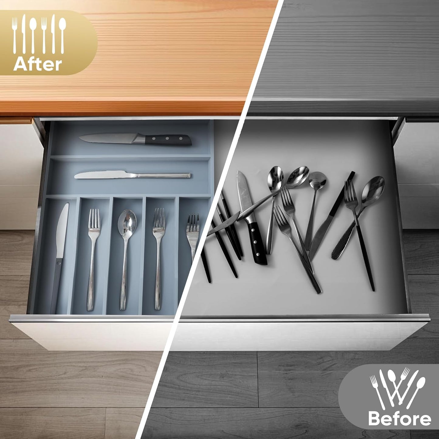 Silverware Organizer, 12.5 Inch Utensil Organizer Kitchen Drawer Organizer Bamboo Silverware Holder Cutlery Tray Organizer in Drawer Flatware Organizer Tray(7 slots, Gray）