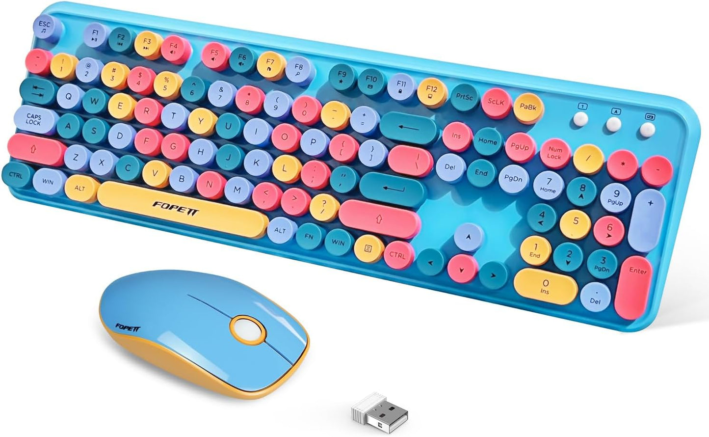 FOPETT 2.4GHz Wireless Keyboard and Mouse Set with Switch Button - Full-Size Keyboard - Compatible for Windows/Laptop/PC/Notebook/Smart TV and More - Blue Colorful