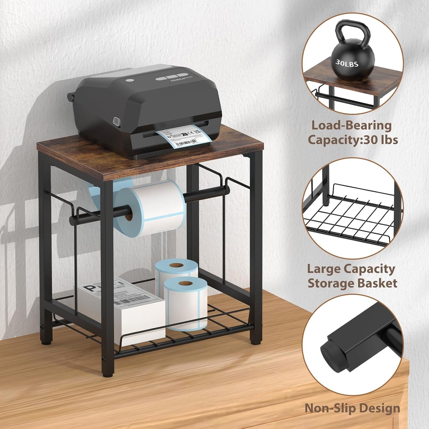 NANANARDOSO Label Holder for Thermal Printer with Basket,Wooden Label Holder for Shipping Label Printer,Sticker Roll Holder for Home, Office Small Business,Brown