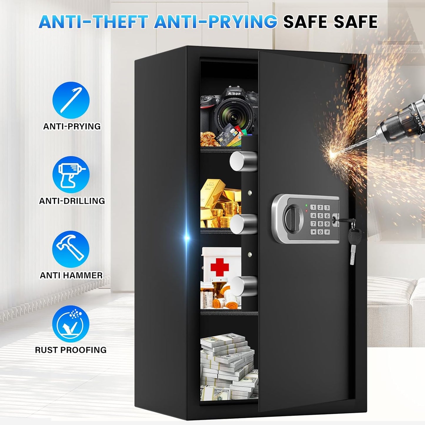 27.56"H Steel Safe Box, 6.0 Cuft Home Safes with Fireproof Waterproof Bag, Digital Security Safes with Programmable Keypad Keys, Smart Alert, Mute Mode, Anti-theft Safety Box for Documents Valuables
