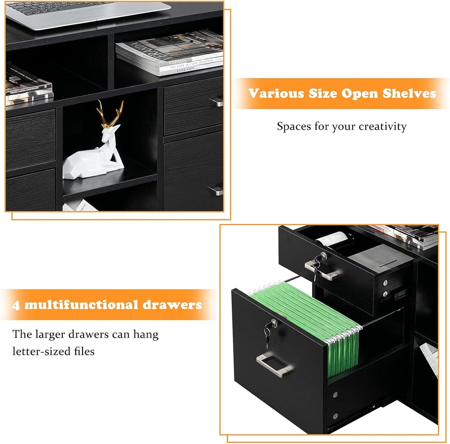 VINGLI Wood Mobile File Cabinet with 4 Drawers and Shelves, Printer Stand with Open Storage, Locking Lateral Filing Cabinet for Home Office, Black