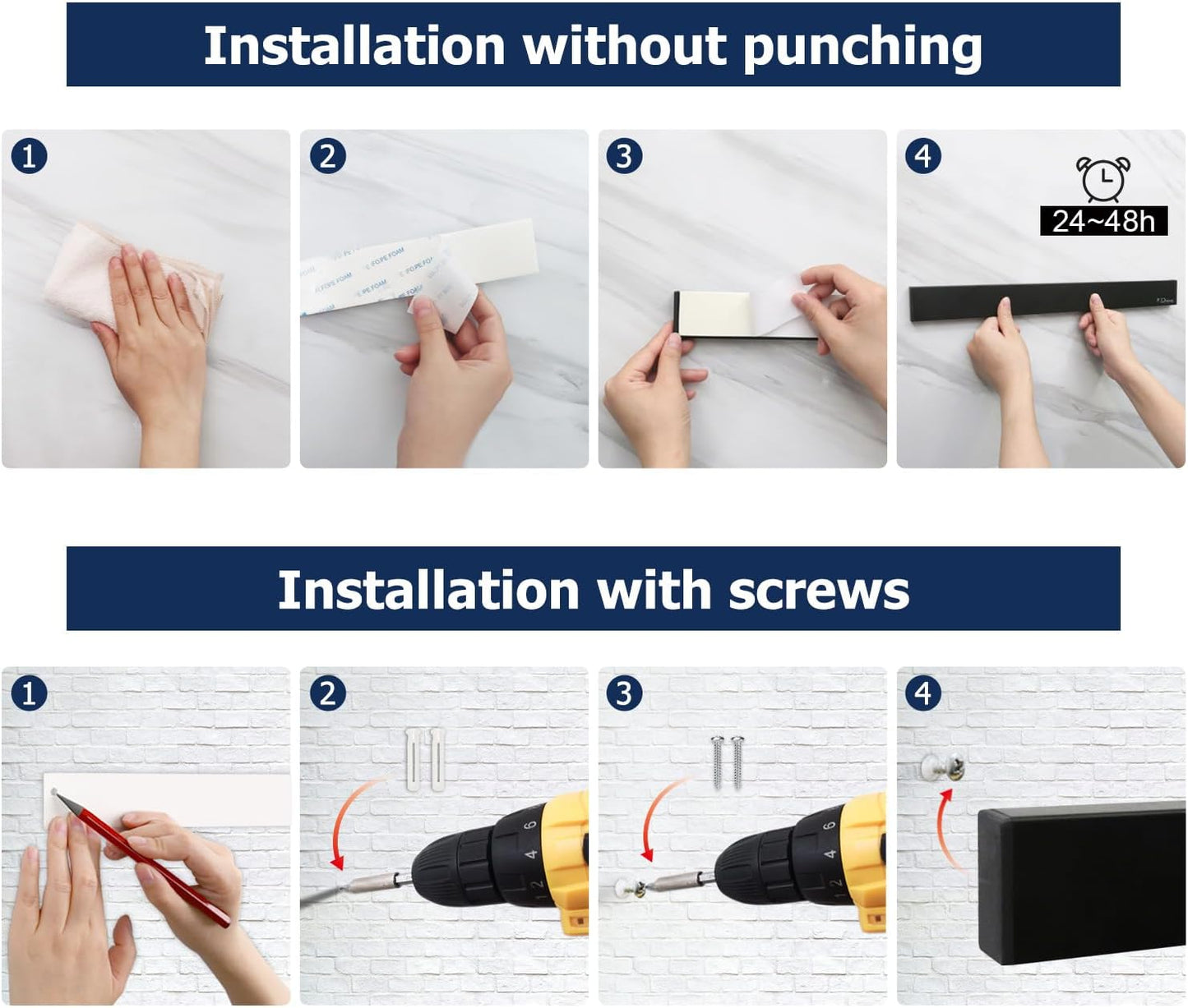 Dmore magnetic knife holder for wall—with 2 hooks, No Drilling 10 Inch black knife magnetic strip, Powerful knife magnet rack, include Adhesive Tape and screws for Knives, Utensils, and Tools