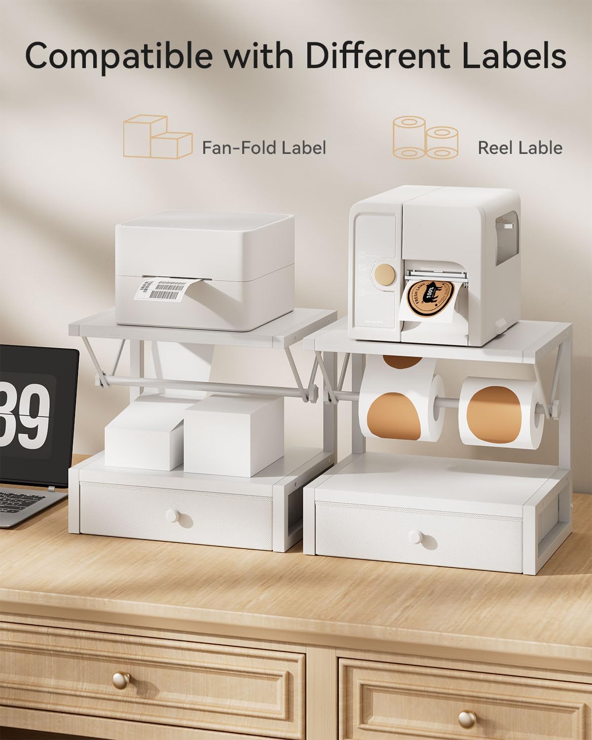 IBUYKE Label Holder for Rolls and Fan-Fold Labels,Wooden Thermal Shipping Label Stand With Drawer Desktop Printer Holder for Home, Office, Small Business,White TPS003W