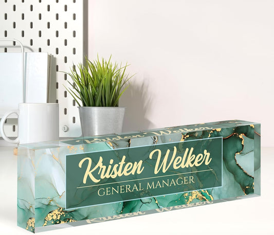 Name Plate for Desk, Desk Name Plate Personalized, Green Office Decor for Women Men, Acrylic Desktop Accessories, Office Gifts for Boss Nurse Teacher Coworker, Employee Appreciation Gift (Green Coast)