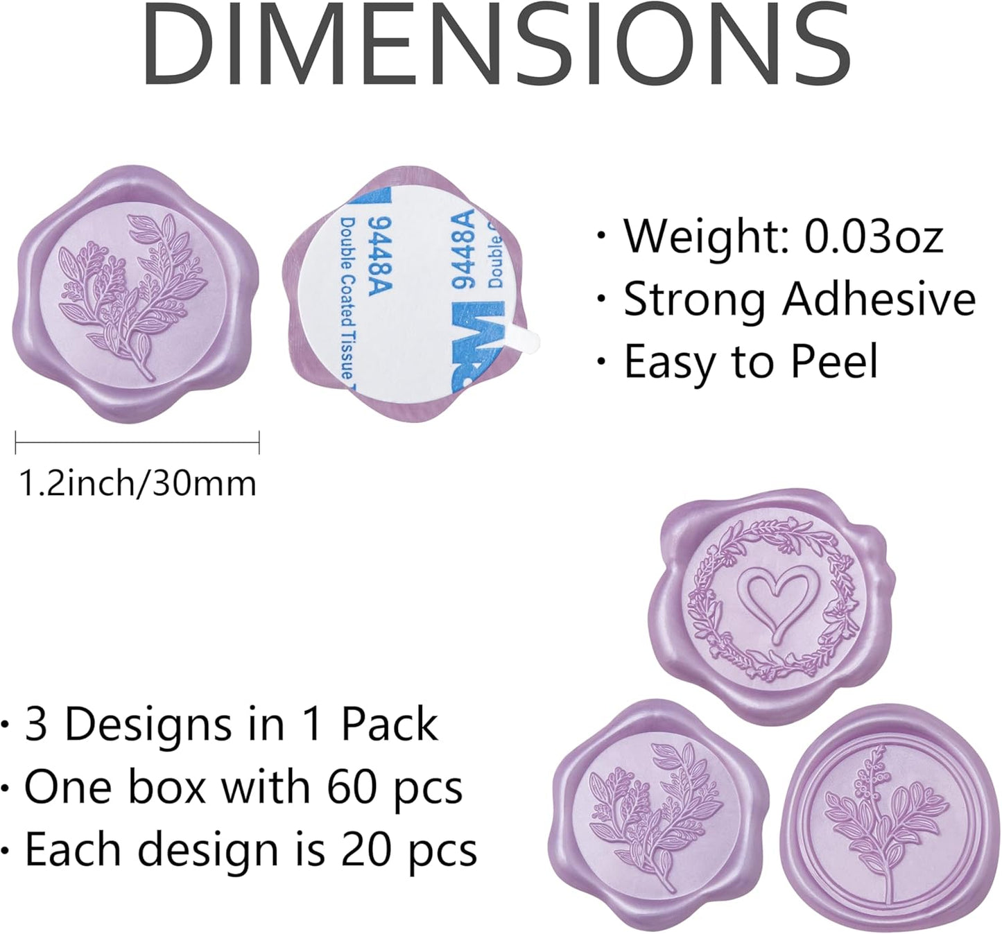 60 Pcs Lilac Wax Seal Stickers Self-Adhesive Envelope Seals Stamp Stickers, Perfect for Wedding Invitations Seating Chart Christmas Gift Wrapping 3 Designs in 1 Pack