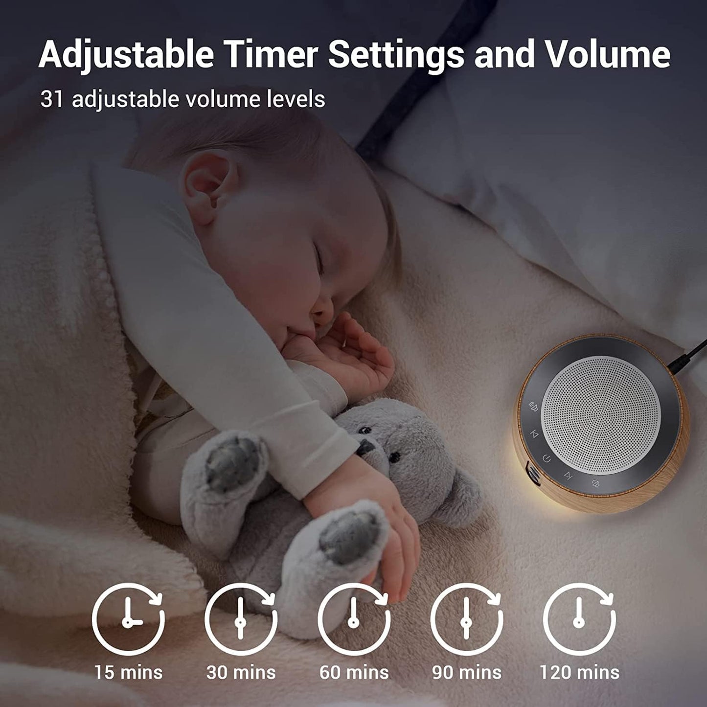 BGOVERSS White Noise Sound Machine with 20 Soothing Sounds, 10 Colors Night Light Sleep Machines Home Office Travel, 5 Timers and Memory Feature Sound Machine for Nursery Baby Kids Adults (Wood)