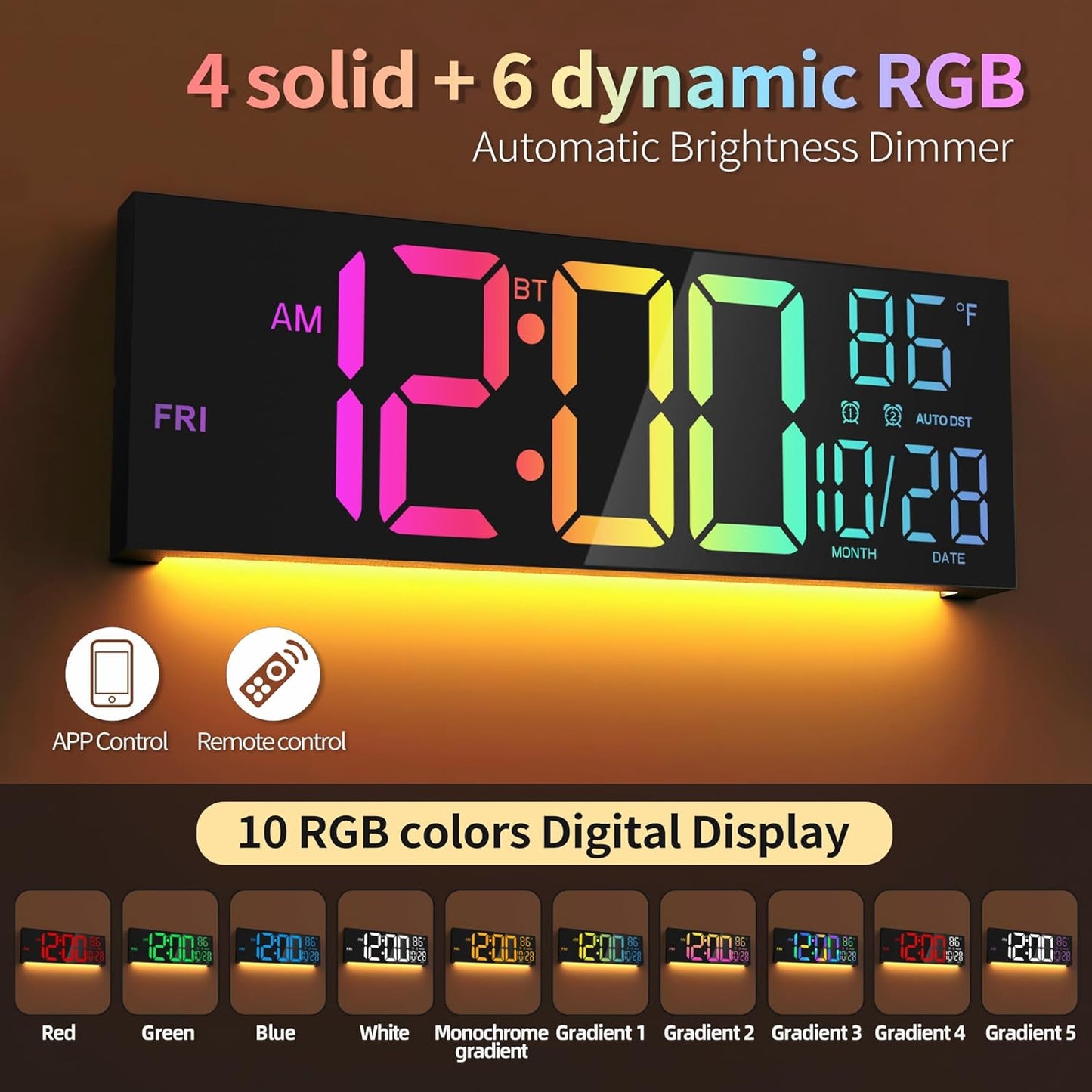 16.5" Large LED Wall Clock with Bluetooth Sync, Night Light, DST, 2 Alarms, RGB Color, Temperature, Remote Control, 12/24H, Timer for Living Room, Bedroom, Desk, Gift for Mother Father Elderly