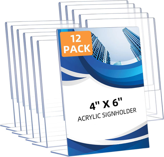 12 Pack Slanted Back Acrylic Sign Holders 4x6 for Business & Store, Tabletop Vertical Sign Holder with Anti-Slip Pads Clear Display Stand, for Menus Flyer Documents Office Restaurants Party Decoration