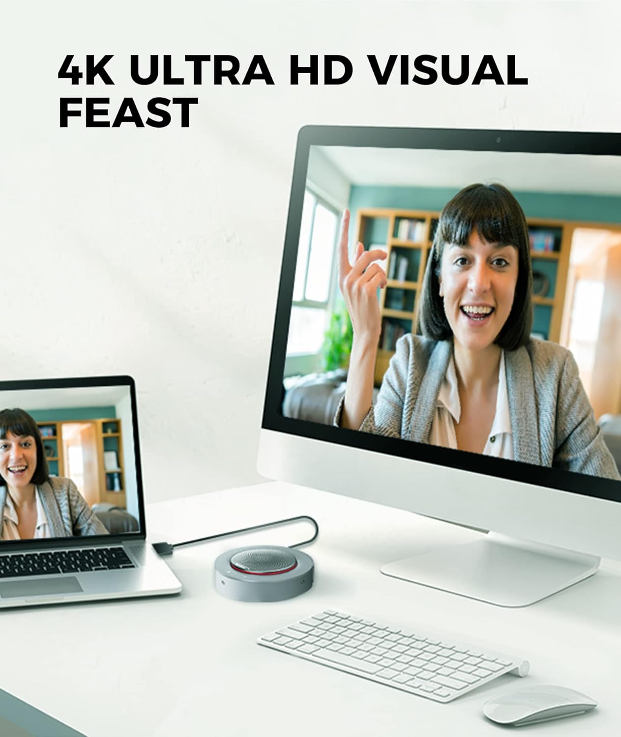 WYRESTORM Halo 90 Conference Speaker with USB-C Multi-Port Adapter Docking Supply Power to PC, 4 Noise-canceling Mics, Enhanced 360° Voice Pickup, 4K@60Hz Video Resolution, AGC Voice Balance