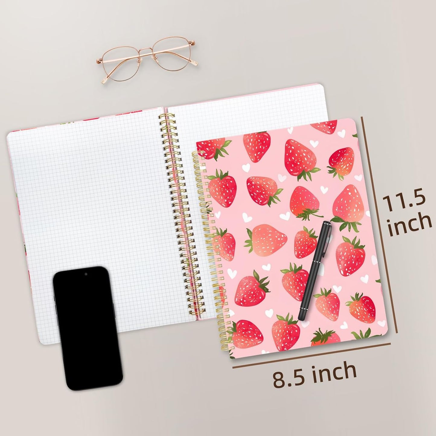 Cute Spiral Notebook journal A4 Aesthetic Pretty Design for Women Girls Kawaii with Pocket, 8.5 x 11 inch, Graph, Strawberry