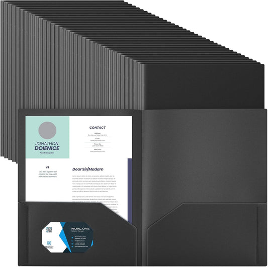 Gueevin 200 Pcs Two Pocket Folders Bulk Plastic File Folder with 2 Pockets Letter Size Paper Heavy Duty Durable Portfolios Case for Home Office School Business 11.61 x 9.45 Inch (Black)