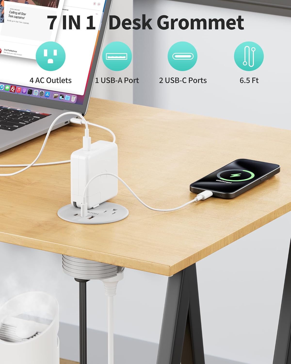 Recessed Desk Power Grommet with 4 AC Outlets 3 USB Ports (2USB C), Dual-Sided Flush Mount Outlet Charging Station for Desktop, Conference Room, Furniture Table, 6.5 FT Cord, Grey