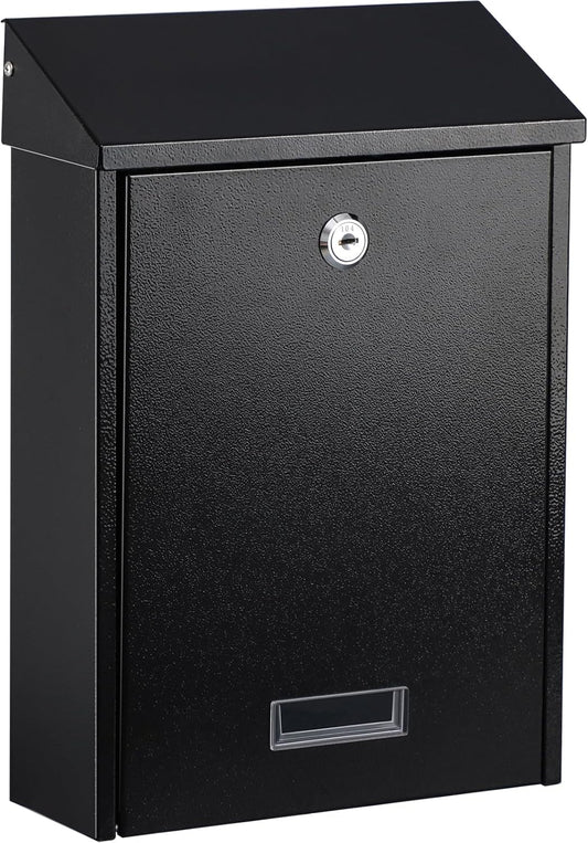 xydled Mail Boxes with Key Lock,Locking Mailbox Wall Mounted,Large Capacity,Steel Cover Metal Postbox for House, Black, 12.34''x8.5''x3''