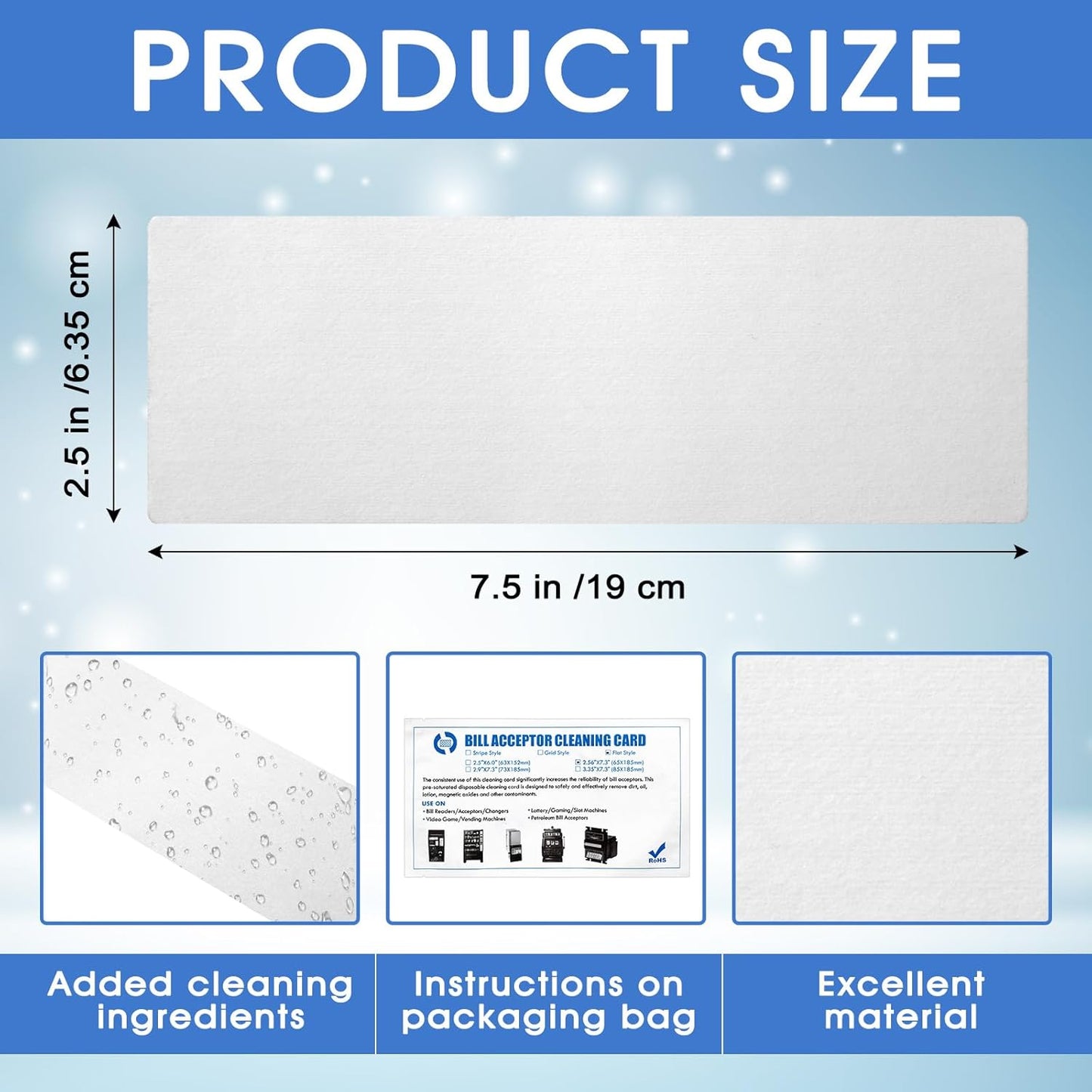 15 Pcs 2.5" x 7.5" Presaturated Bill Validator Cleaning Cards Compatible with All Bill Validators, Readers and Currency Counters