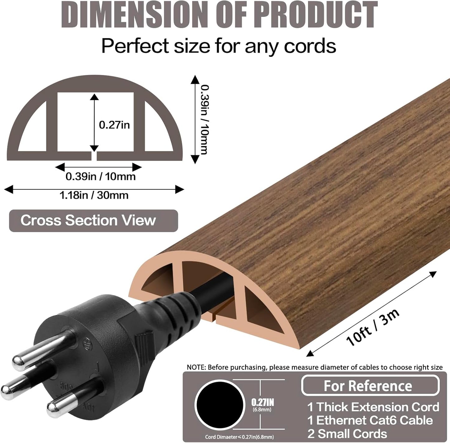 Floor Cord Cover Cable Cavity Self Adhesive Cord Hider Floor 10FT Floor Cable Management Power Cord Protector Floor Electric Cord Covers for Offices, Gym, Exhibitions (Misty Brown Wood, 1.18" x 10')