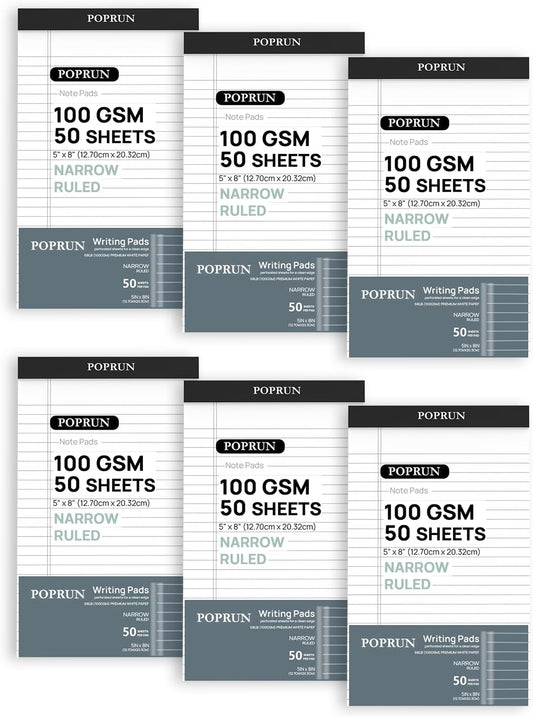 POPRUN Small White Legal Pads 5 x 8 Narrow Ruled, 100GSM Writing Paper Pad, Bulk Lined Notepad Notebooks for Work School, Classroom Office Supplies, 6 Pack