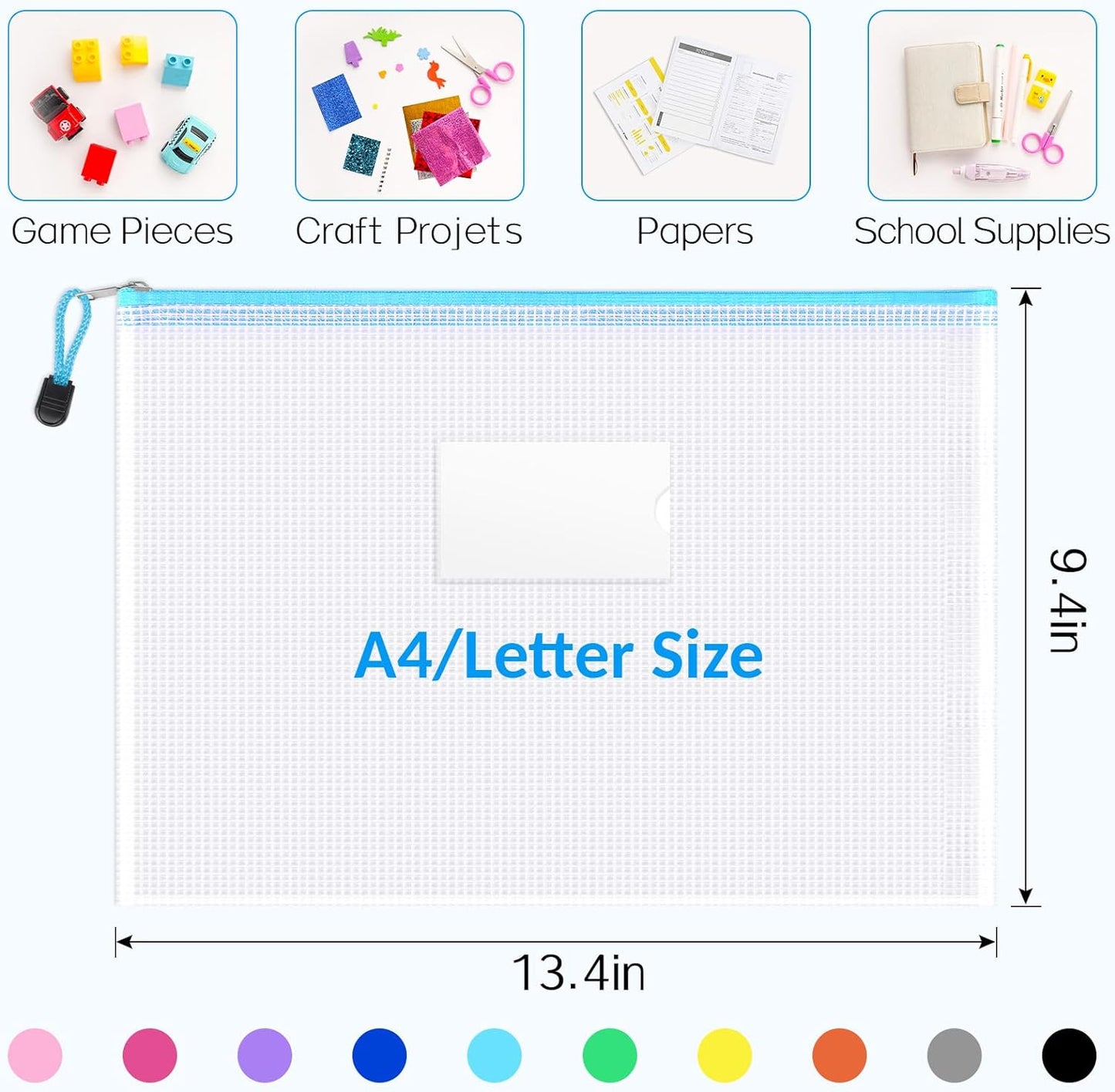 Sooez 14 Pack Mesh Zipper Pouch Bags, A4 Letter Size, Zipper Bags with Label Pocket, Waterproof Pouches for Classroom Organization, Board Game Storage, Document Bag for Teacher School Office Supplies