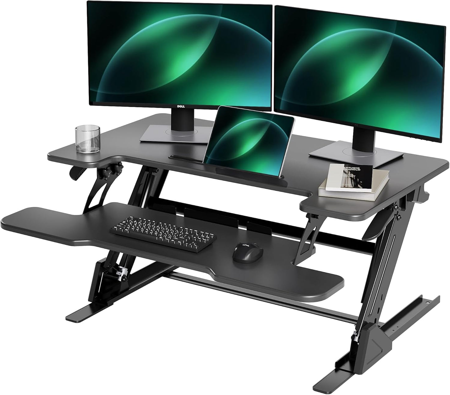 Claiks Standing Desk Converter 36 inch, Height Adjustable Sit Stand Up Desk Riser, Quick Sit to Stand Tabletop Dual Monitor Riser Workstation for Home Office with Keyboard Tray, Black
