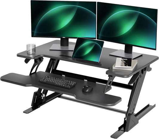 Claiks Standing Desk Converter 36 inch, Height Adjustable Sit Stand Up Desk Riser, Quick Sit to Stand Tabletop Dual Monitor Riser Workstation for Home Office with Keyboard Tray, Black