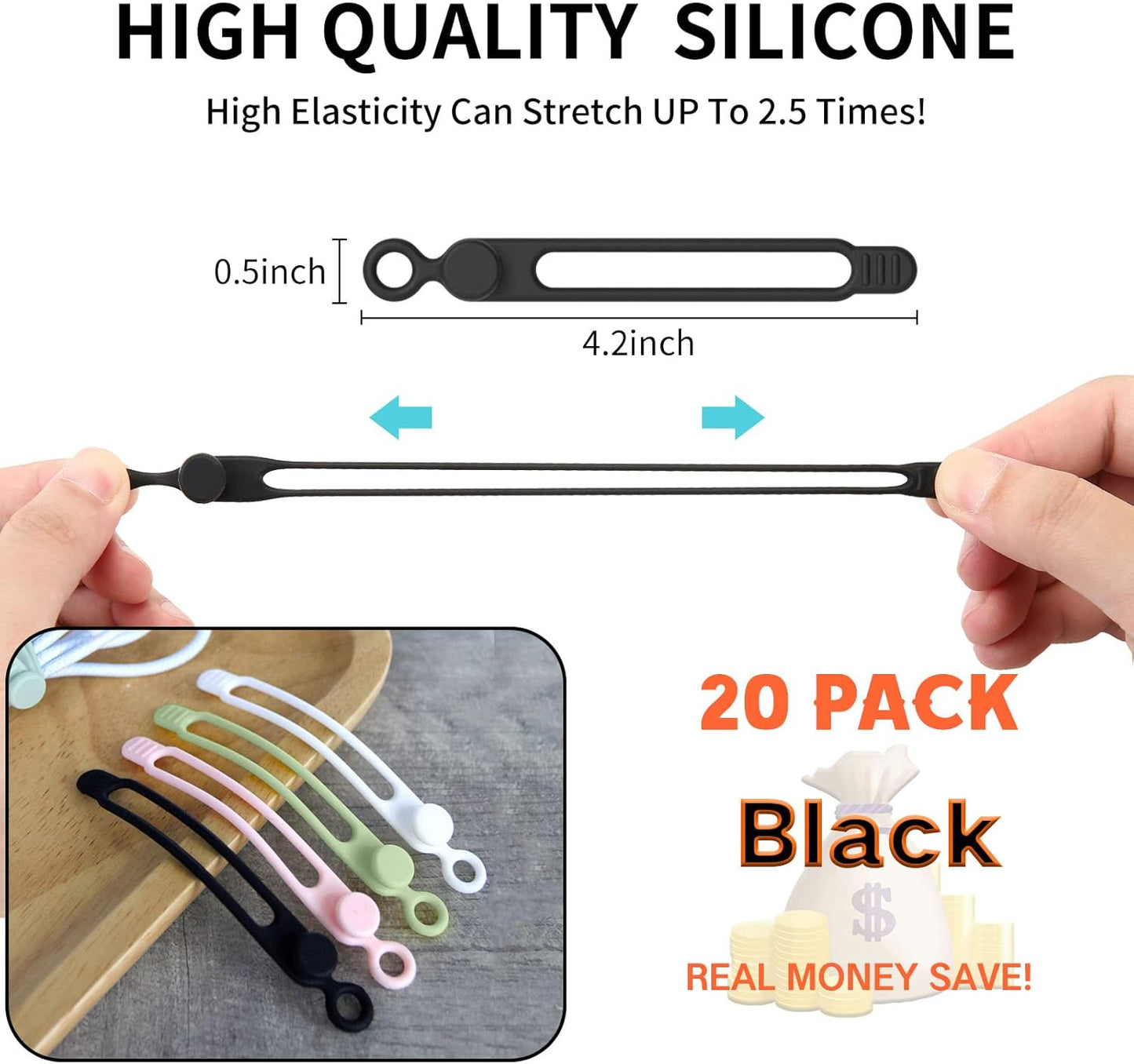 [20Park]UMUST Silicone Cable Ties, Reusable Cable Management Organizer, Cord Tie,Multipurpose Elastic Cord Organizer for Bundling and Fastening Cable Cords Wires(black)