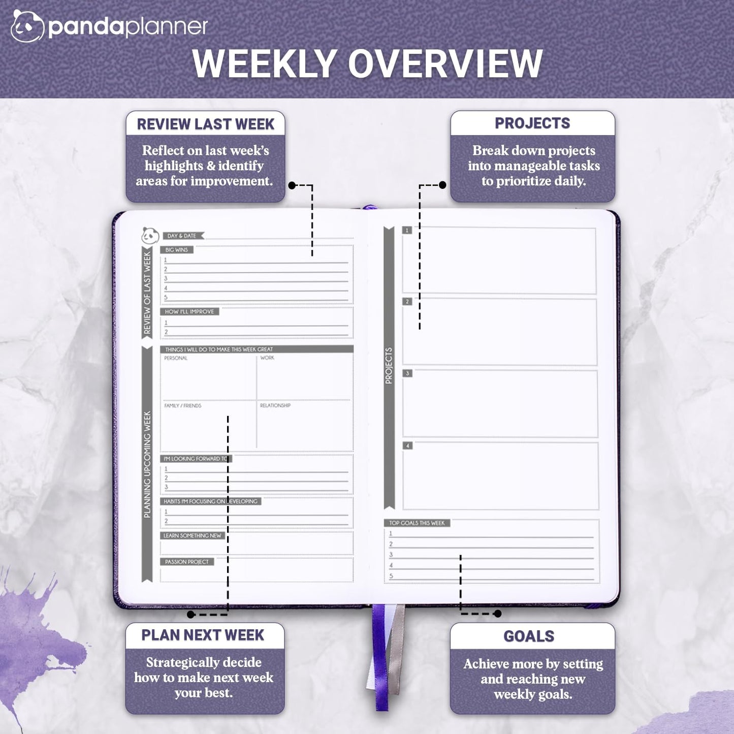 Panda Planner Classic Daily Planner 2025-2026 – Undated Day Planner & Productivity Calendar Notebook for Focus, Goals & Time Management – Purple