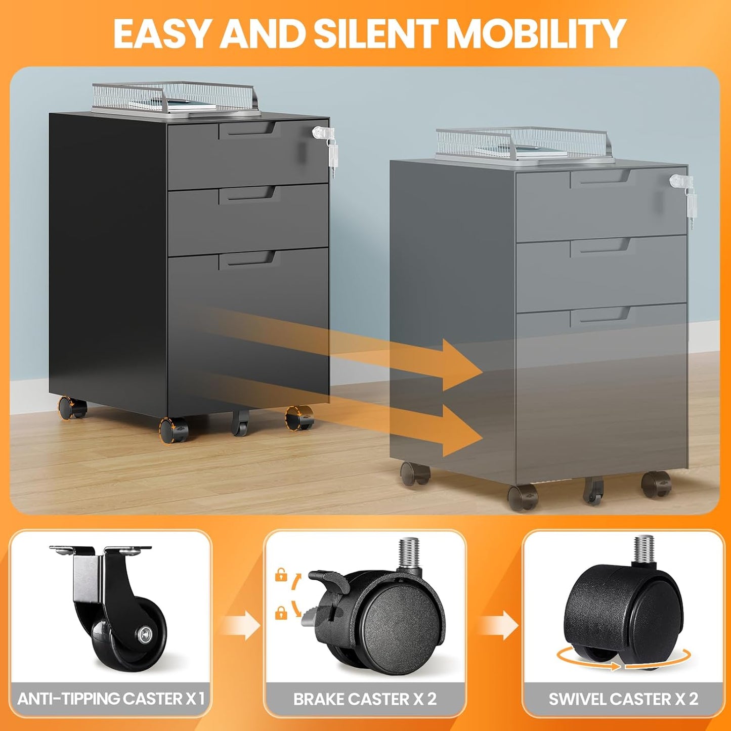 3 Drawer File Cabinet with Lock, Fully Assembled Metal Mobile Filing Cabinets for Home Office, Small Rolling File Caninet on Wheels for Legal/Letter / A4 File, Black