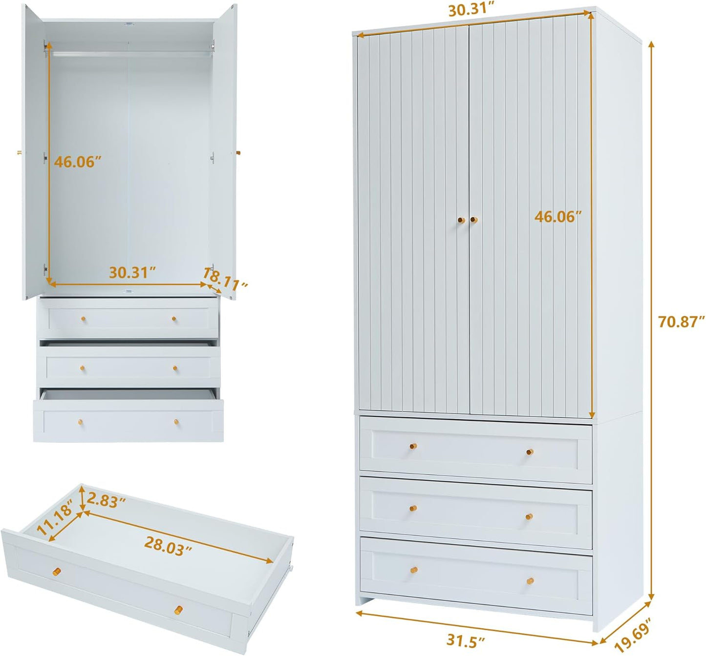Wardrobe Armoire Wooden Closet with 2 Doors,71" Closet Armoire Set of 2,3 Drawers Household Freestanding Wooden Storage Cabinet for Bedroom (White)