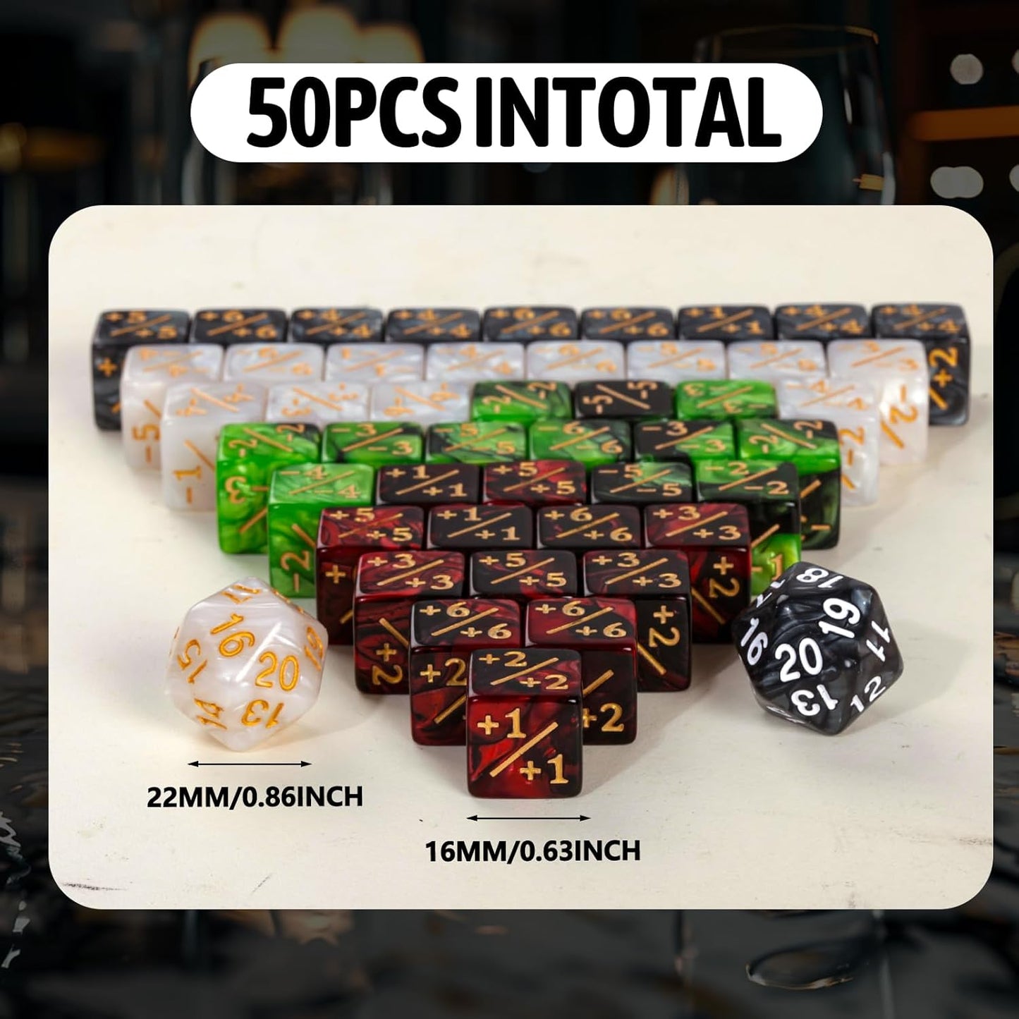 50 MTG Counters Dice Marble Bulk Spindown Life Counter Tokens Dice Buff Tokens Compatible with Magic Card Game Accessories CCG Creature Stats (Black&White, Red&Green)