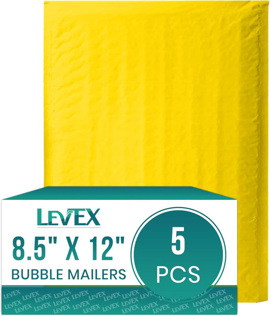 Levex - #2 8.5" x 12" [5 Pack] Yellow Poly Bubble Mailers, Padded Envelope Mailers, Packing Envelope & Mailing Bags for Shipping